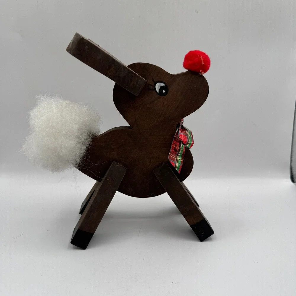 Wooden Standing Reindeer Christmas Decor Small Brown Plaid Bow Folk Art